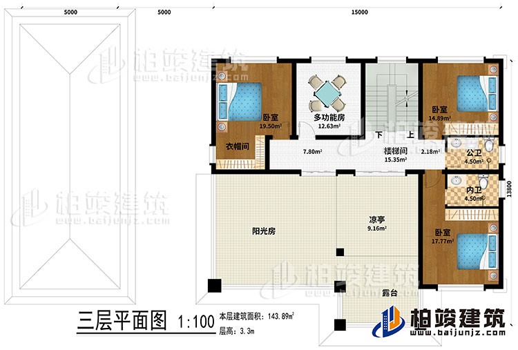三層：樓梯間、3臥室、多功能房、衣帽間、公衛(wèi)、內(nèi)衛(wèi)、涼亭、陽光房、露臺