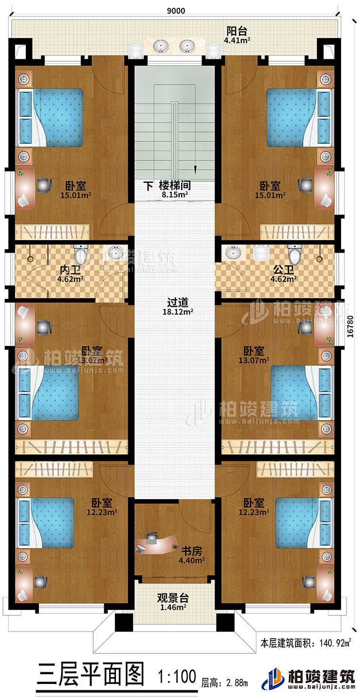 三層：6臥室、過(guò)道、樓梯間、書房、觀景臺(tái)、公衛(wèi)、內(nèi)衛(wèi)、陽(yáng)臺(tái)