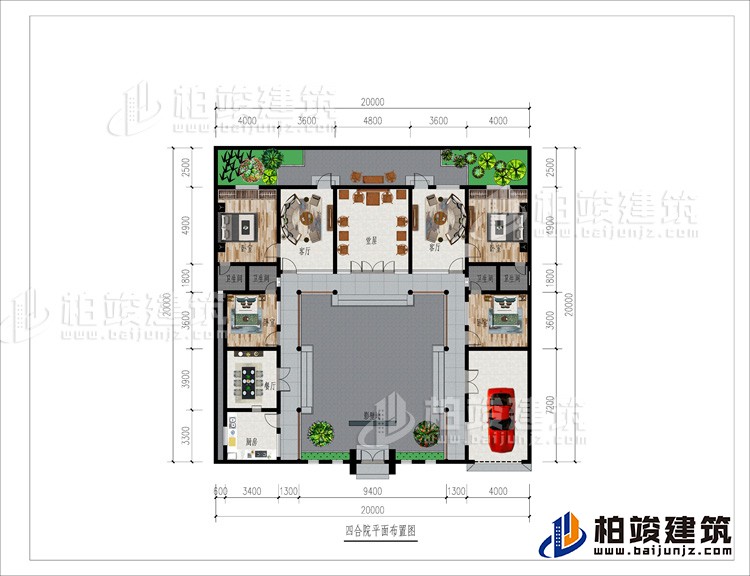 一層：影壁墻、車庫、廚房、餐廳、4臥室、4內(nèi)衛(wèi)、2客廳、堂屋、后花園