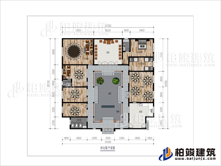 一層：大餐廳、2包間、2大餐廳、2內(nèi)衛(wèi)、堂屋、臥室、工人臥室、公衛(wèi)、庭院、影壁墻