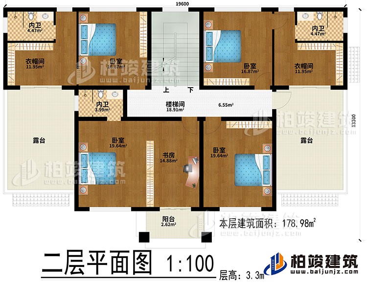 二層：樓梯間、4臥室、書房、2衣帽間、3內(nèi)衛(wèi)、2露臺、陽臺