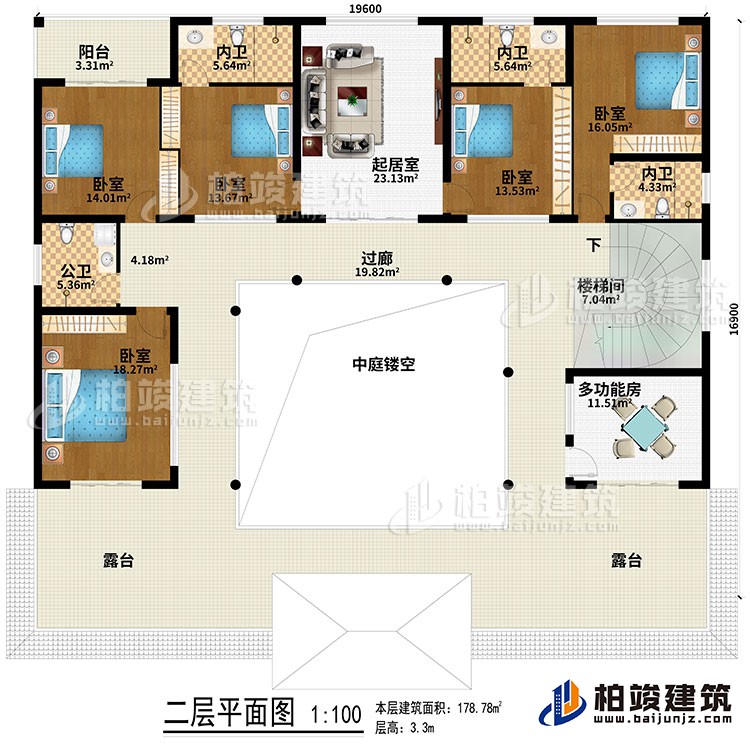二層：起居室、中庭、過(guò)廊、樓梯間、5臥室、公衛(wèi)、3內(nèi)衛(wèi)、2露臺(tái)、陽(yáng)臺(tái)、多功能房