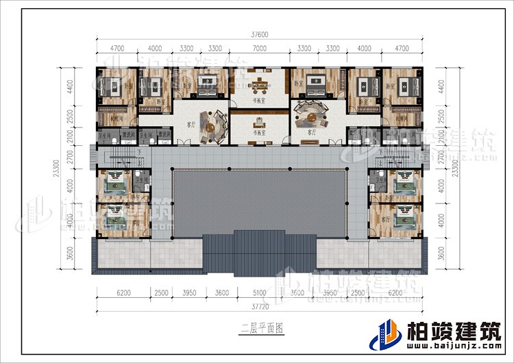 二層：2客廳、2書畫室、公衛(wèi)、10臥室、2衣帽間、4內(nèi)衛(wèi)、2露臺