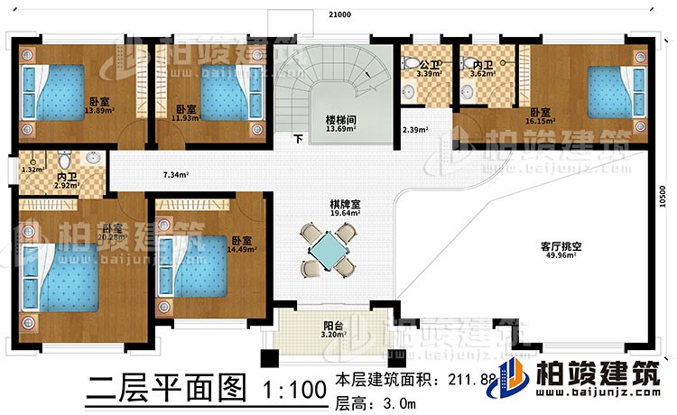二層：棋牌室、樓梯間、5臥室、2內(nèi)衛(wèi)、公衛(wèi)、客廳挑空、陽臺