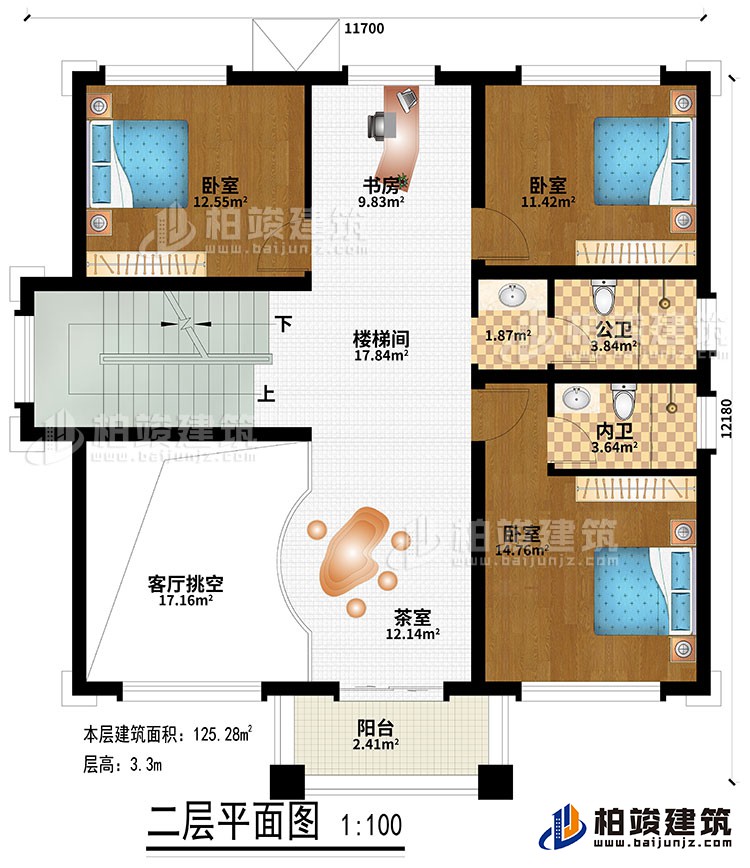 二層：樓梯間、書房、茶室、客廳挑空、3臥室、公衛(wèi)、內(nèi)衛(wèi)、陽臺