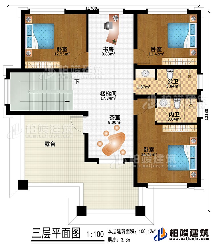 三層：樓梯間、書房、茶室、3臥室、公衛(wèi)、內(nèi)衛(wèi)、露臺