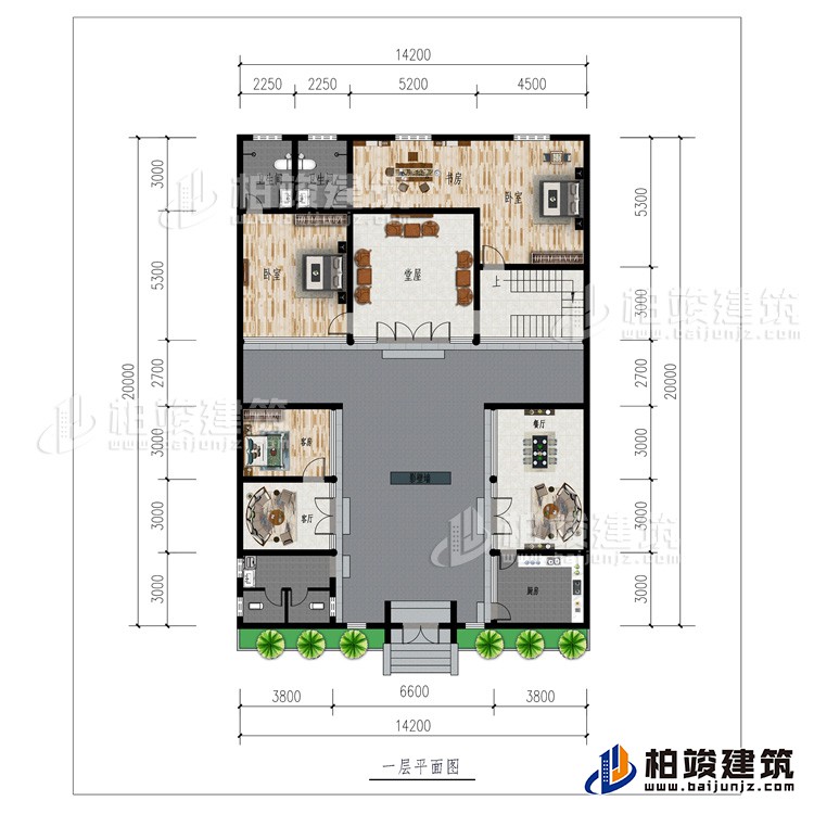 一層：廚房、2客廳、餐廳、公衛(wèi)、3臥室、影壁墻、堂屋、書房、2內(nèi)衛(wèi)