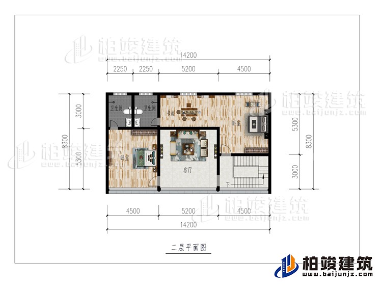 二層：客廳、2臥室、書房、2內(nèi)衛(wèi)