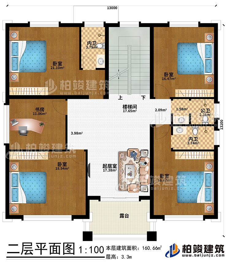 二層：起居室、樓梯間、4臥室、書房、公衛(wèi)、內(nèi)衛(wèi)、露臺