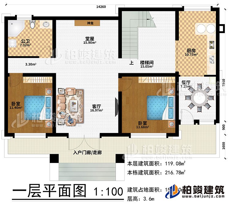 一層：入戶門廊/走廊、客廳、堂屋、神龕、樓梯間、廚房、餐廳、2臥室、公衛(wèi)