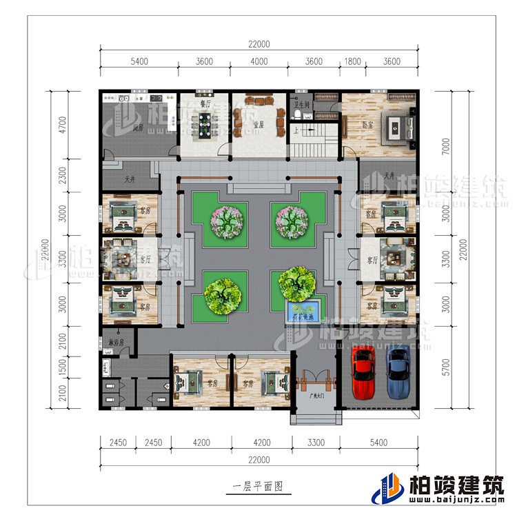 一層：廣亮大門、車庫、書房、公衛(wèi)、7臥室、2客廳、餐廳、廚房、堂屋、2天井、內(nèi)衛(wèi)、荷花魚池