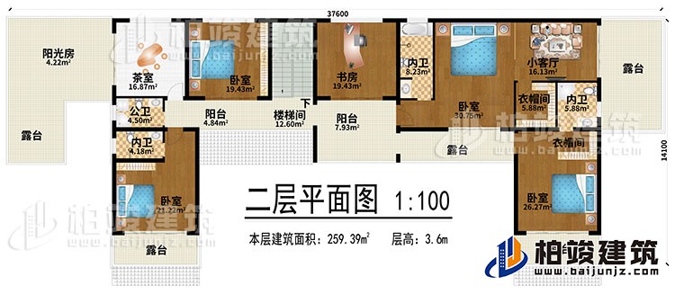 二層：樓梯間、4臥室、小客廳、共室、書房、陽光房、2衣帽間、2陽臺、3內(nèi)衛(wèi)、5露臺、公衛(wèi)