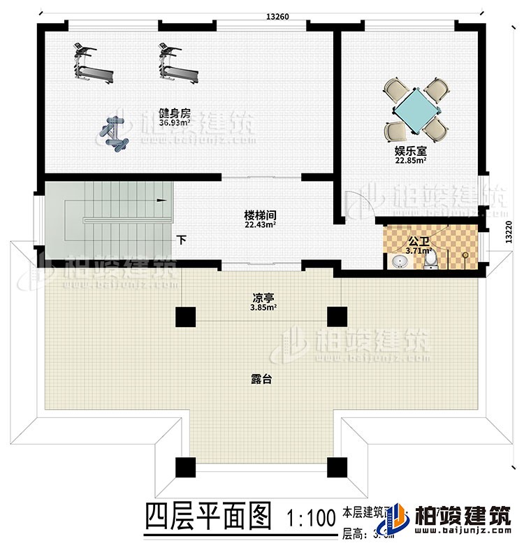 四層：健身房、娛樂(lè)室、樓梯間、公衛(wèi)、涼亭、露臺(tái)