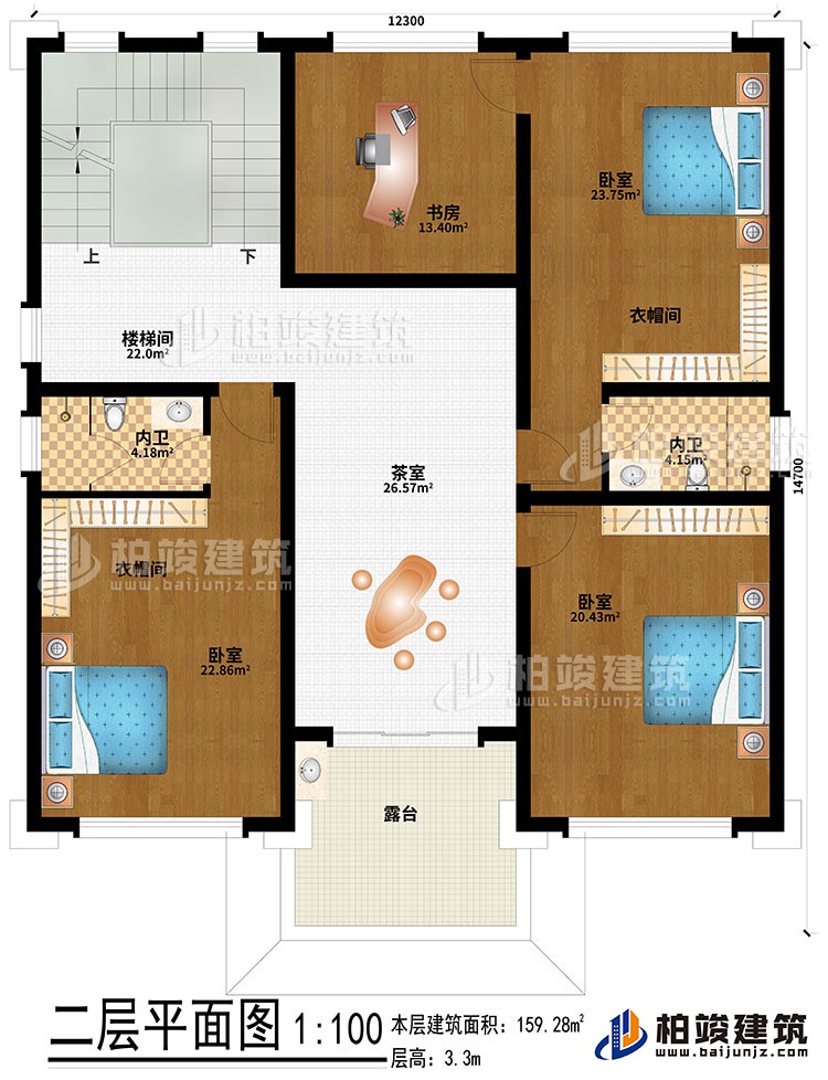 二層：3臥室、2衣帽間、2內(nèi)衛(wèi)、樓梯間、茶室、露臺(tái)、書房