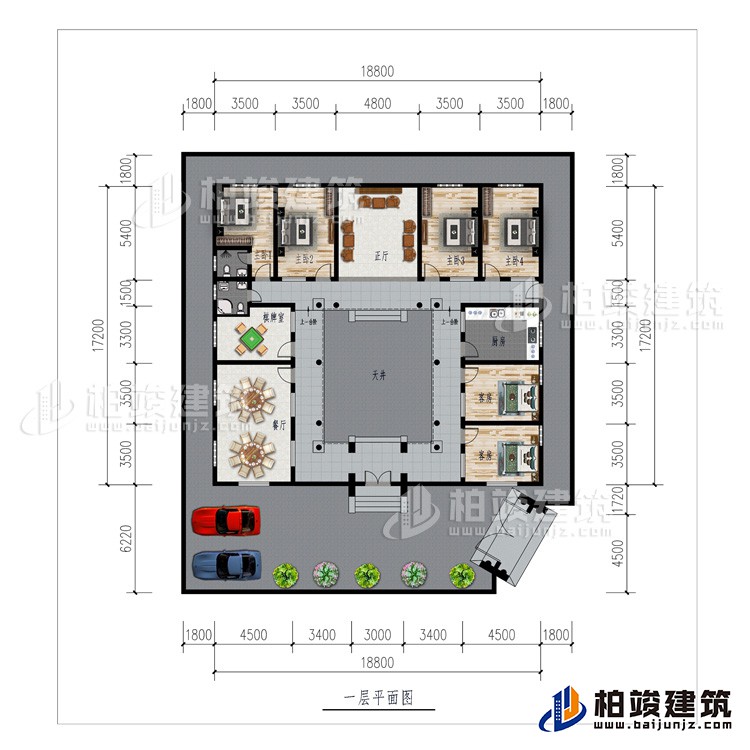 一層：車庫(kù)、餐廳、棋牌室、廚房、正廳、6臥室、公衛(wèi)、內(nèi)衛(wèi)
