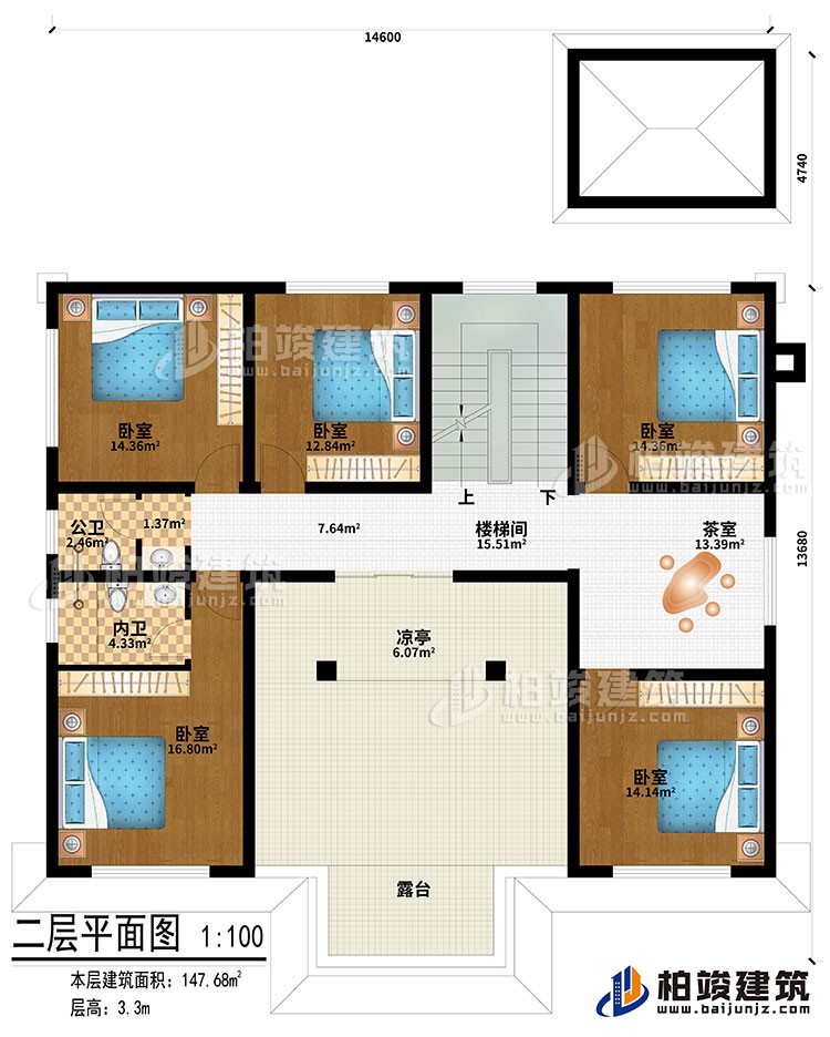 二層：樓梯間、茶室、涼亭、5臥室、公衛(wèi)、內(nèi)衛(wèi)、露臺(tái)