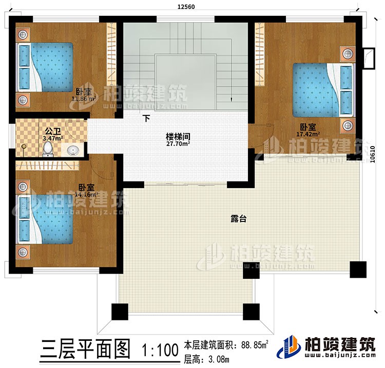 三層：樓梯間、3臥室、露臺(tái)、公衛(wèi)
