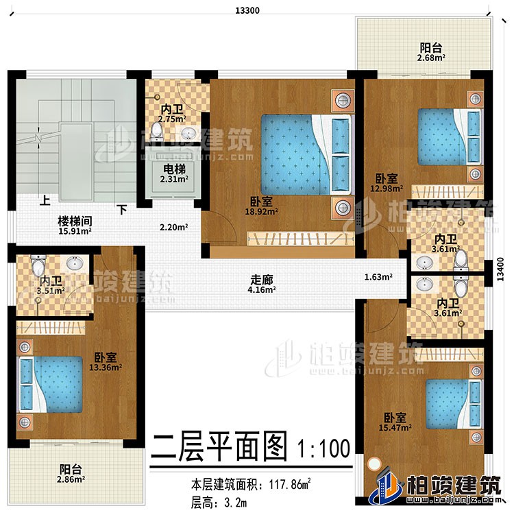 二層：走廊、4臥室、4內(nèi)衛(wèi)、2陽(yáng)臺(tái)、樓梯間、電梯