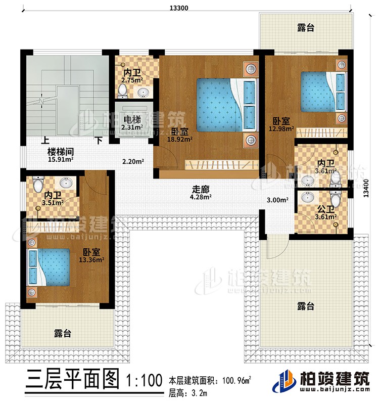 三層：走廊、3臥室、3內(nèi)衛(wèi)、3露臺(tái)、樓梯間、電梯、公衛(wèi)