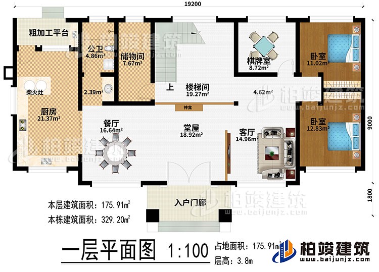 一層：入戶門廊、堂屋、神龕、客廳、餐廳、廚房、柴火灶、粗加工平臺、儲物間、樓梯間、棋牌室、2臥室、公衛(wèi)