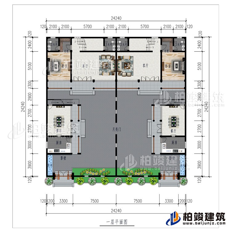 一層：月亮門、2廚房、2影壁、2餐廳、2客廳、2臥室、2衣柜、2內(nèi)衛(wèi)、2魚池