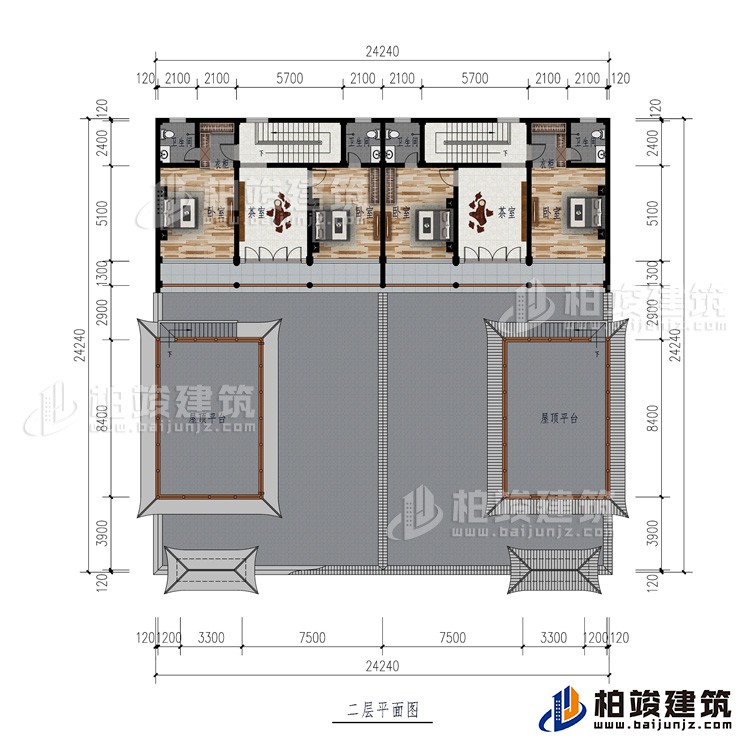 二層：2屋頂平臺、2茶室、4臥室、2衣柜、4內(nèi)衛(wèi)