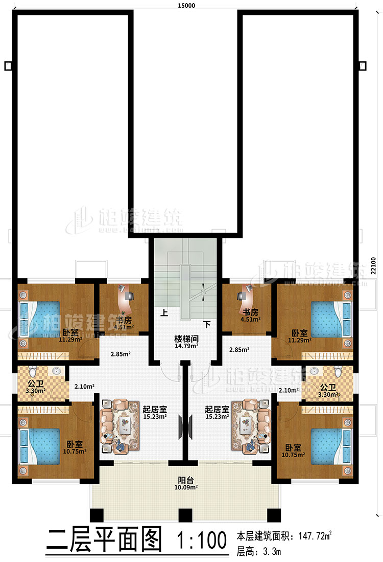 二層：2起居室、2書(shū)房、4臥室、2公衛(wèi)、樓梯間、陽(yáng)臺(tái)