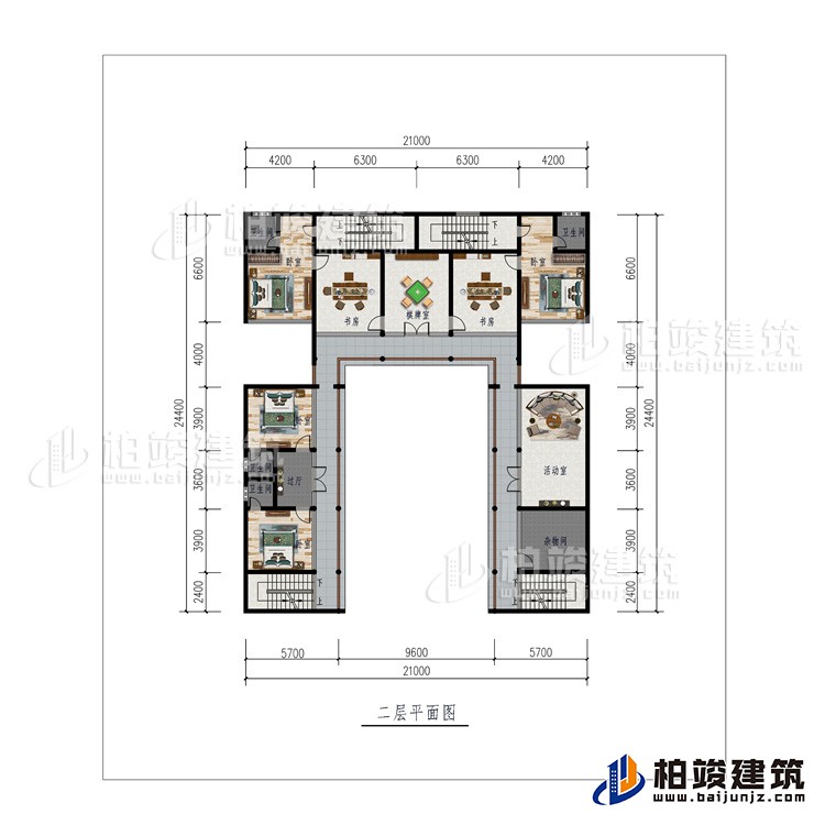 二層：棋牌室、2書房、活動室、雜物間、4臥室、4內(nèi)衛(wèi)、過廊