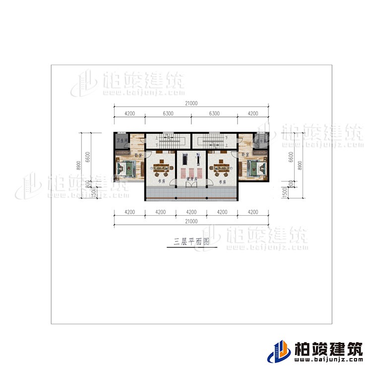 三層：2臥室、健身房、2書房、2內(nèi)衛(wèi)