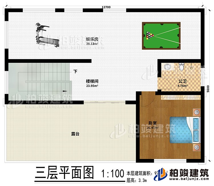 三層：娛樂室、樓梯間、公衛(wèi)、臥室、露臺