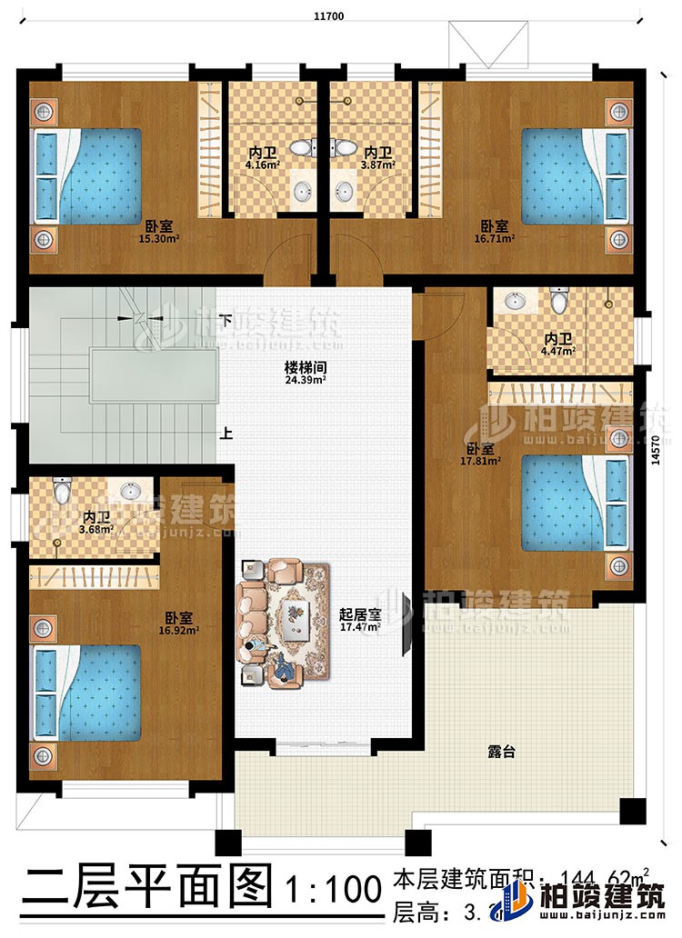 二層：起居室、樓梯間、4臥室、4內(nèi)衛(wèi)、露臺