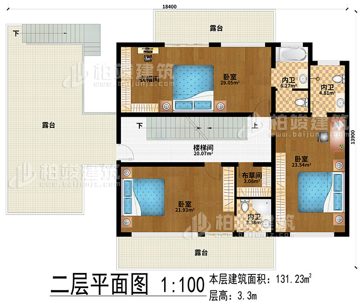 二層：樓梯間、3臥室、衣帽間、布草間、3內(nèi)衛(wèi)、3露臺