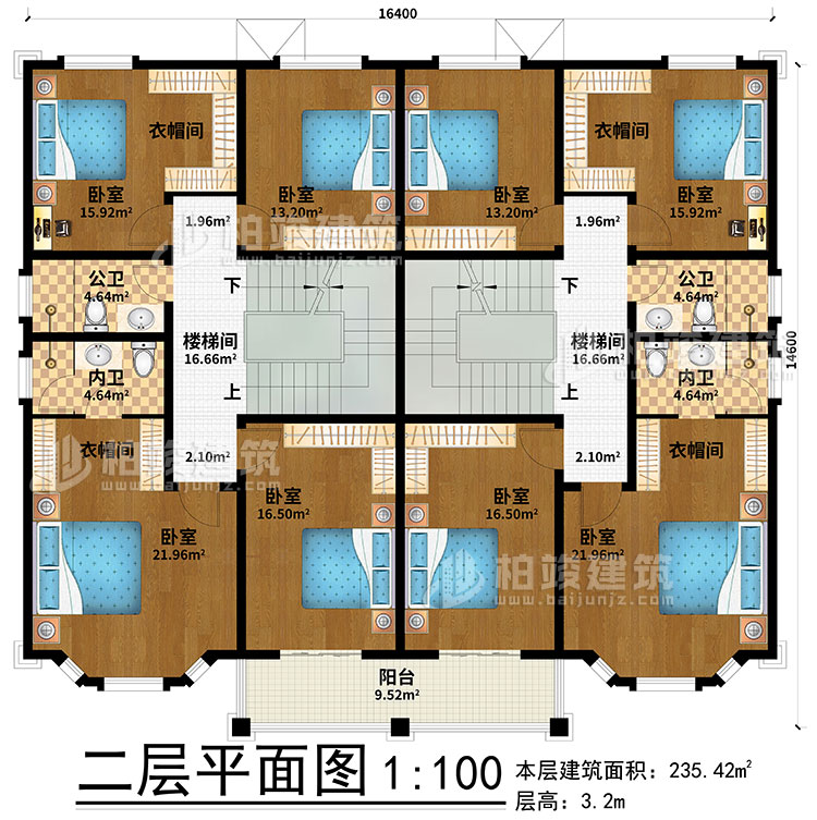 二層：2樓梯間、8臥室、4衣帽間、2公衛(wèi)、2內(nèi)衛(wèi)、陽臺