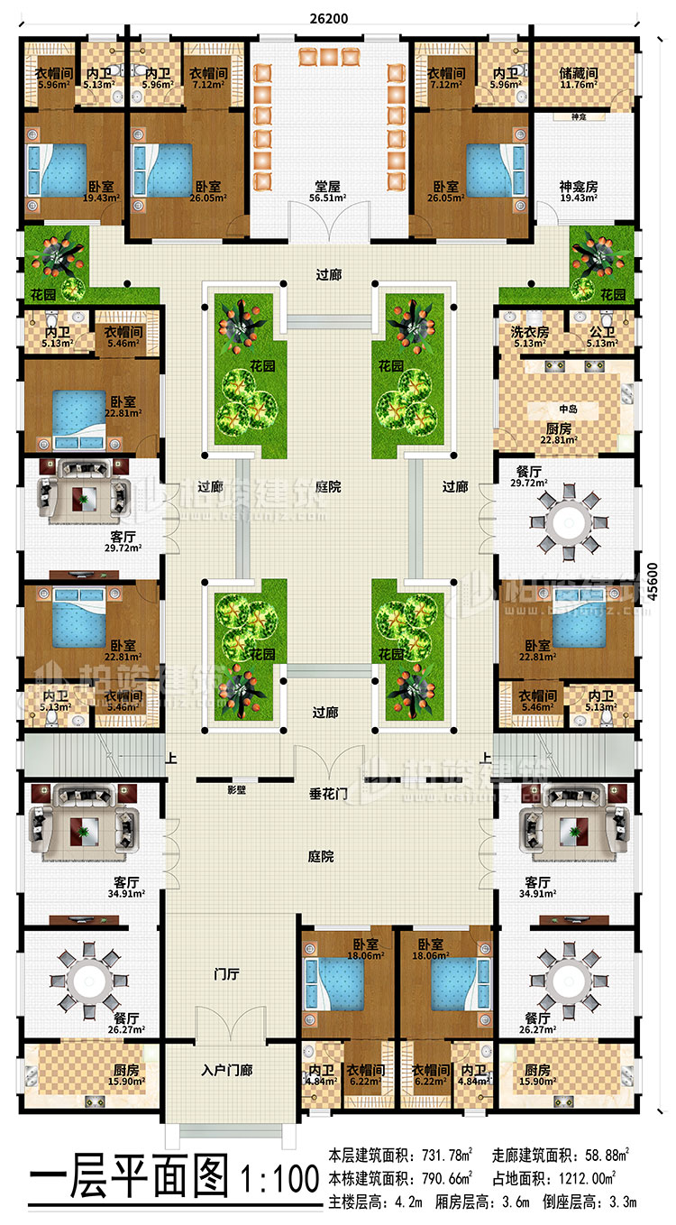 一層：入戶門廊、門廳、3餐廳、3廚房、3客廳、堂屋、神龕、神龕房、儲物間、6花園、4過廊、2庭院、影壁、垂花門、中島、洗衣房、公衛(wèi)、8臥室、8衣帽間、8內(nèi)衛(wèi)