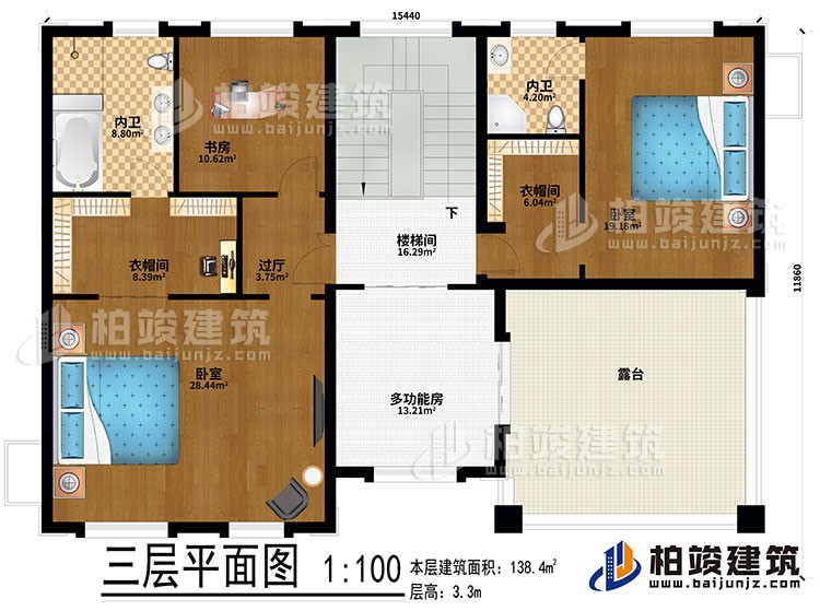 三層：2臥室、2衣帽間、過廳、書房、2內(nèi)衛(wèi)、多功能房、樓梯間、露臺