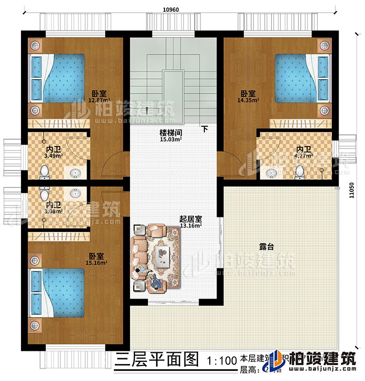 三層：起居室、樓梯間、3臥室、3內衛(wèi)、露臺