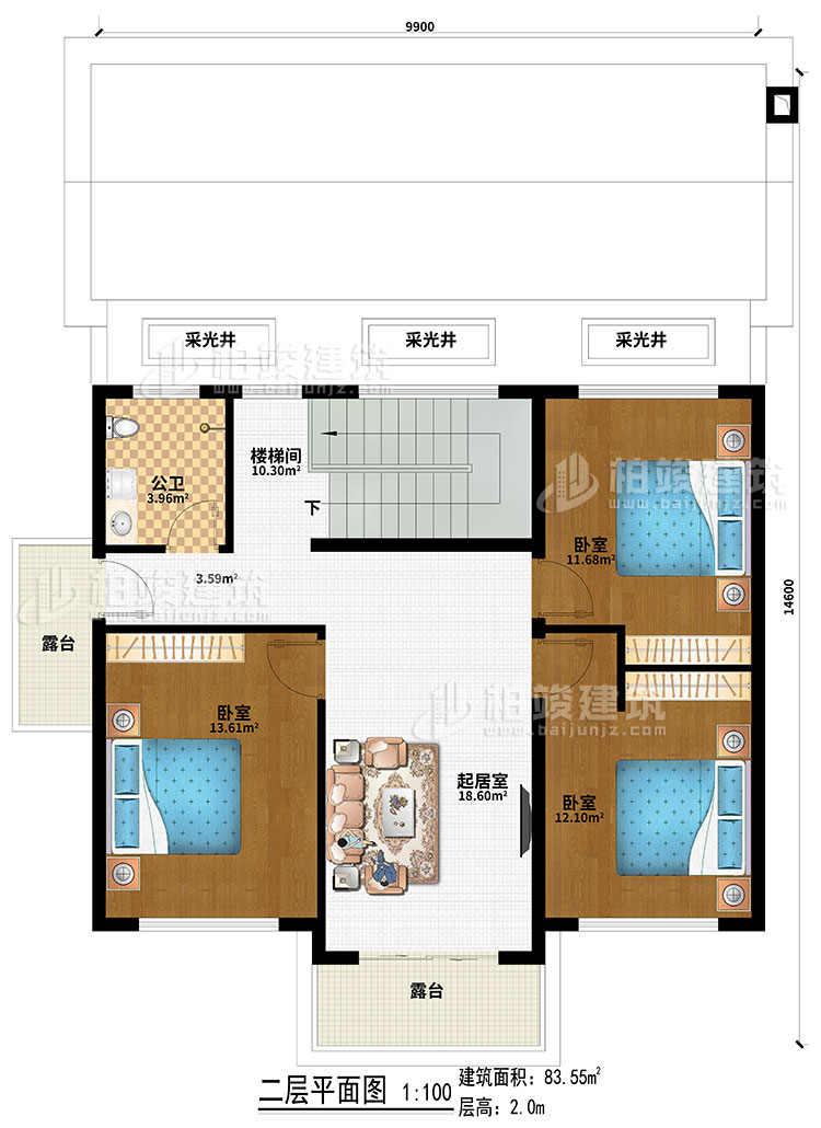二層：3采光井、樓梯間、起居室、3臥室、2露臺(tái)