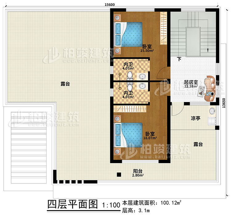 四層：起居室、2臥室、2內(nèi)衛(wèi)、涼亭、陽(yáng)臺(tái)、2露臺(tái)