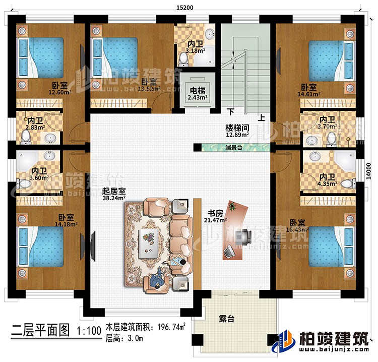 二層：樓梯間、端景臺(tái)、起居室、書房、5臥室、電梯、5內(nèi)衛(wèi)、露臺(tái)