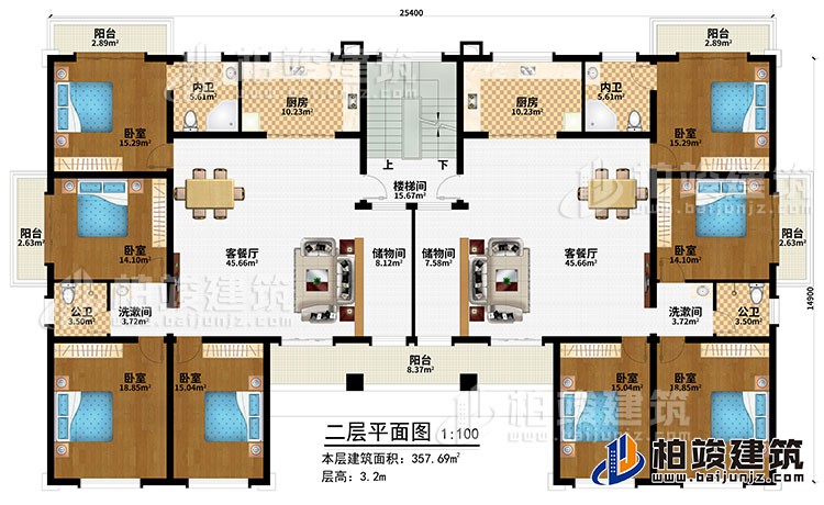 二層：樓梯間、2客餐廳、2儲物間、2廚房、8臥室、5陽臺、2內(nèi)衛(wèi)、2公衛(wèi)、2洗漱間