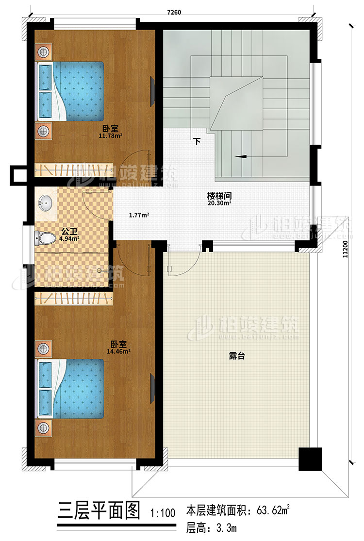 三層：2臥室、樓梯間、公衛(wèi)、露臺(tái)