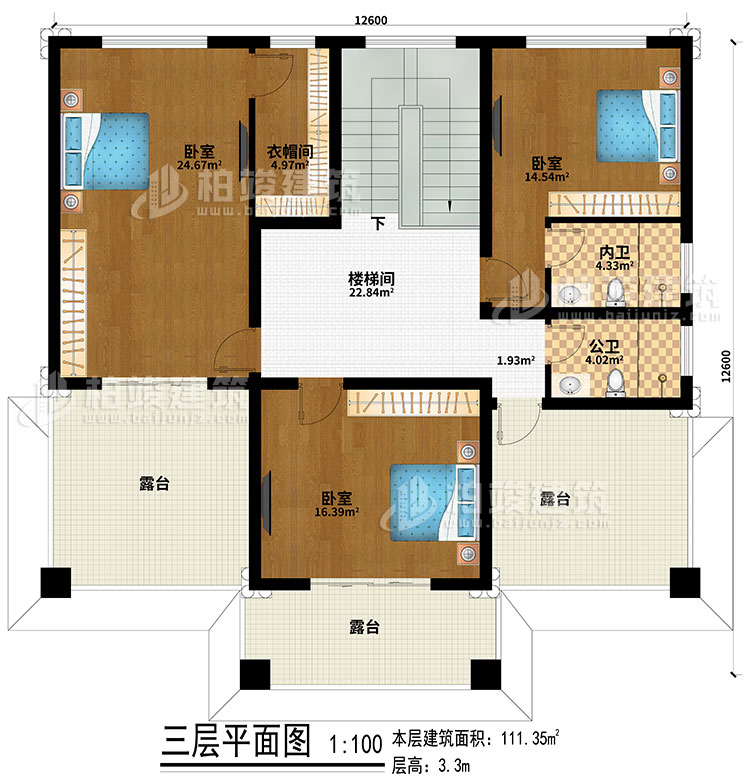 三層：樓梯間、3臥室、公衛(wèi)、內衛(wèi)、3露臺、衣帽間