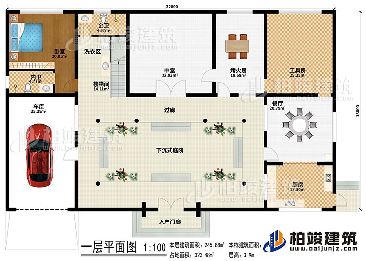 一層：入戶門廊、下沉式庭院、樓梯間、洗衣區(qū)、中堂、烤火房、工具房、餐廳、廚房、車庫、臥室、內(nèi)衛(wèi)、過廊
