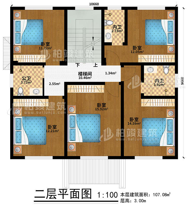 二層：5臥室、樓梯間、2內(nèi)衛(wèi)、公衛(wèi)