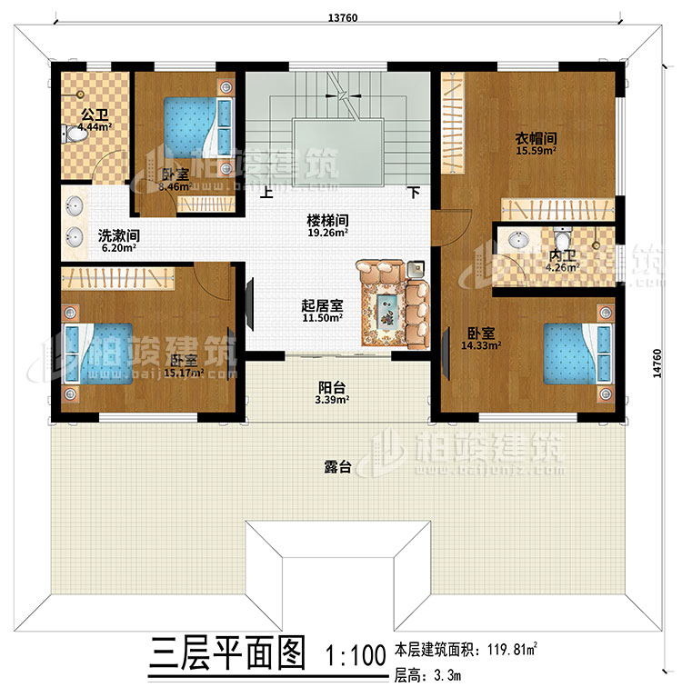 三層：樓梯間、起居室、3臥室、衣帽間、洗漱間、公衛(wèi)、內(nèi)衛(wèi)、陽(yáng)臺(tái)、露臺(tái)
