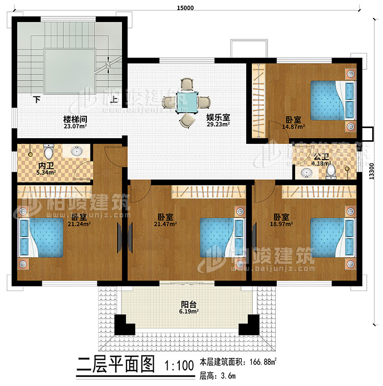 二層：樓梯間、娛樂(lè)室、4臥室、公衛(wèi)、內(nèi)衛(wèi)、陽(yáng)臺(tái)