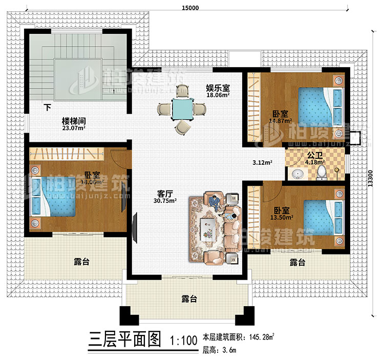 三層：娛樂(lè)室、樓梯間、客廳、3臥室、公衛(wèi)、3露臺(tái)