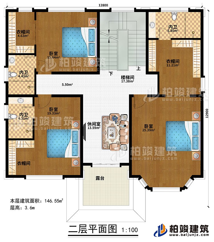 二層：樓梯間、休閑室、3臥室、3衣帽間、3內(nèi)衛(wèi)、露臺(tái)