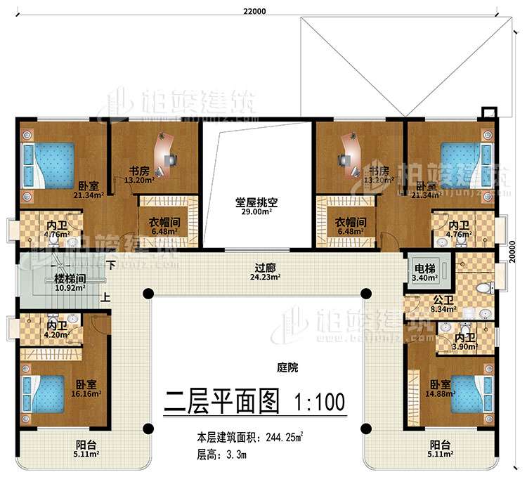 二層：堂屋挑空、過廊、樓梯間、電梯、4臥室、2衣帽間、2書房、4內(nèi)衛(wèi)、公衛(wèi)、2陽臺