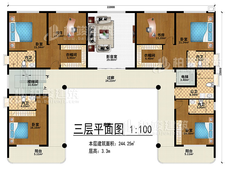 三層：影音室、過廊、樓梯間、電梯、4臥室、2衣帽間、2書房、4內(nèi)衛(wèi)、公衛(wèi)、2陽臺